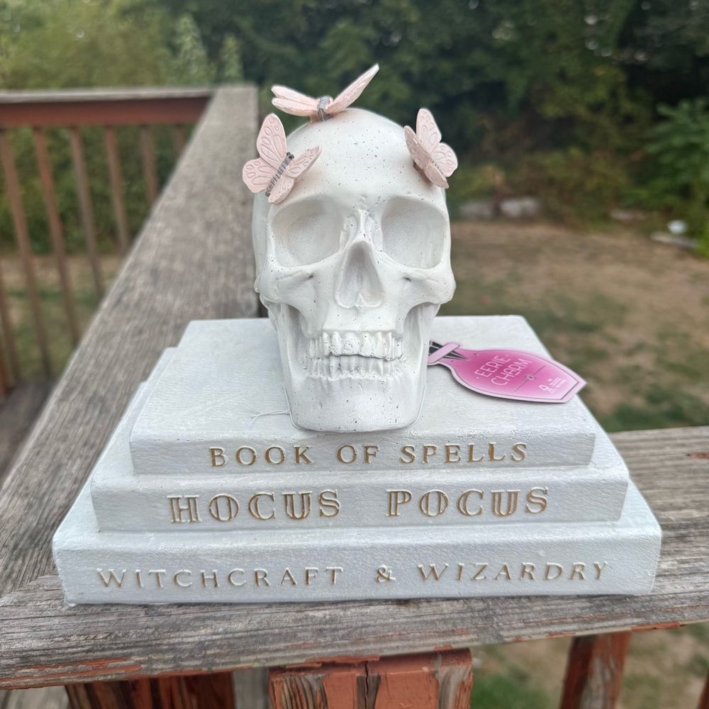 NEW Halloween Book Skull Stack Hocus Pocus Decor Butterflies White Pastel Pink